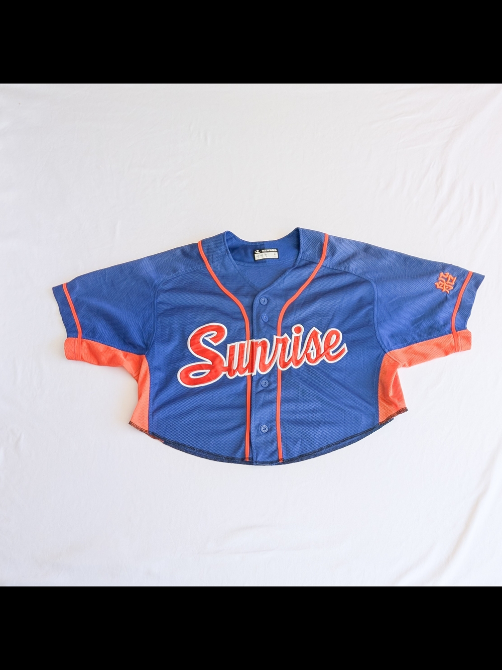 REWARD Baseball Jersey Womens Lg Japanese League #28 Blue Orange Cropped Sunrise